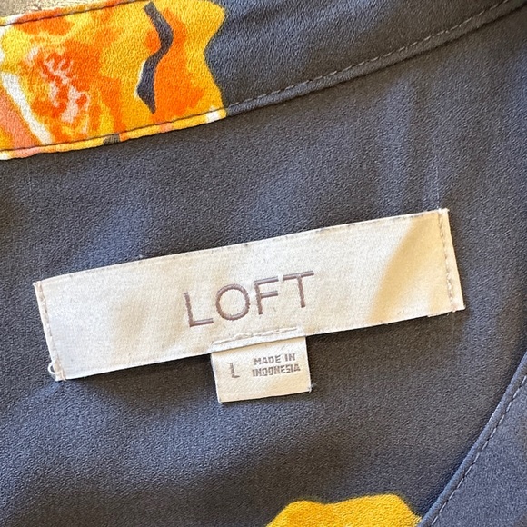 LOFT Dark Grey Blouse with Yellow Floral Print and Ruffle Cuffs - Picture 3 of 9